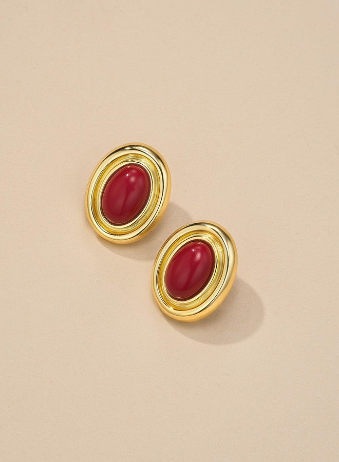 Sngia 18K Gold Plated Red Burgundy Maroon Created Resin Carnelian Oval Button Chunky Statement Earrings for Women, Bold Handmade Exaggerated Dome Retro Rounded Button Trendy Bohemian Gemstone Stud Jewelry Gifts, Unique Vintage Baroque Stone Summer Beach Fashion Accessories, Round Thick Circular Nickle Free Huggies Earring. (18K Gold Plated, Maroon) - Image 5